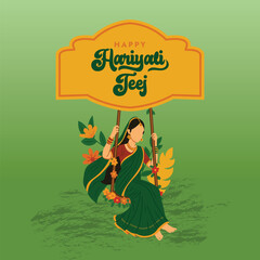 Vector illustration of Happy Hariyali Teej for greeting cards, banners, posters, and social media templates featuring festive decor, swings, and floral elements.