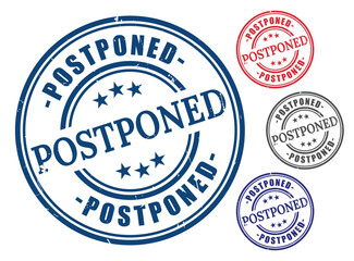 Delayed Event Badge Collection, Grunge Rubber Postponed Stamp Icons  