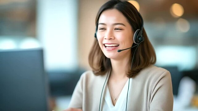 Confident Asian businesswoman smiling while working in a call center environment.