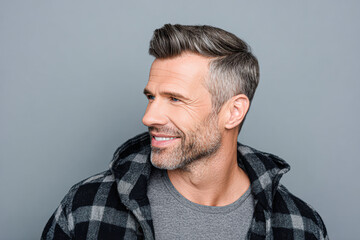 Fototapeta premium A smiling middle-aged man with gray hair and beard wearing a checkered jacket and looking sideways against a plain gray background.