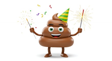 Cartoon poop emoji with party hat and sparkles