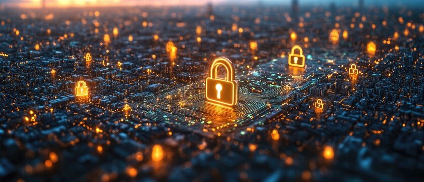Illuminated cityscape depicting a secure network infrastructure.
