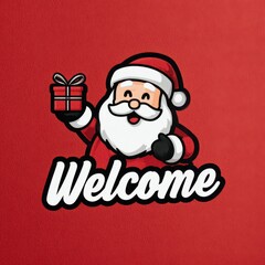 Cheerful Santa Claus welcomes visitors with a gift on a vibrant red background in a festive atmosphere