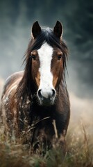 Horse in a misty meadow during early morning light, showcasing its majestic presence and serene surroundings