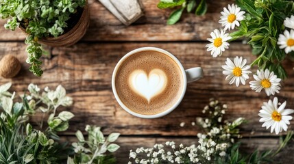 Obraz premium Latte art heart on a rustic wooden surface with flowers and greenery.