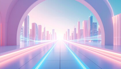 パープルとピンクのグラデーションに包まれた未来的な tunnel を通り抜けて、輝く摩天楼へと続く光の highway。サイバーパンクな美学と現代建築が融合した、テクノロジーとアートが織りなす壮大な都市景観。近未来への憧れと希望を込めた、visionary な digital art
