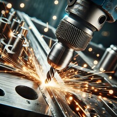 metal drill cutting in iron plate
