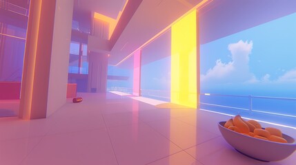 Futuristic interior with vibrant colors and minimalist design evokes feelings of peace and