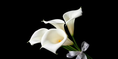 Elegant white calla lilies tied with a white ribbon against a stark black backdrop,  still life,  bloom