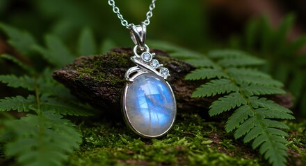 Elegant moonstone necklace resting on mossy rock with blurred greenery