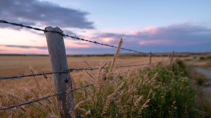 Barbed wire fence in golden wheat field at sunset with vibrant sky and wildflowers