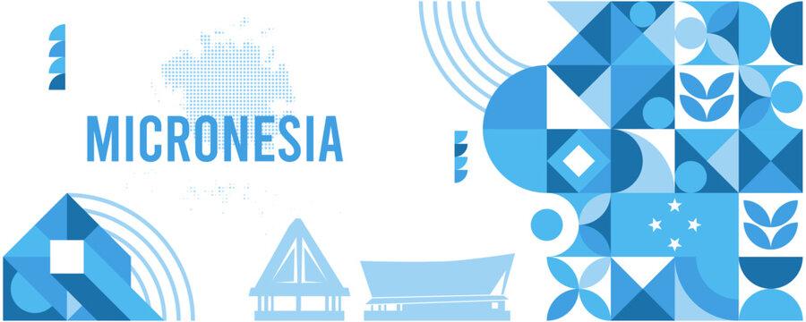 Colorful Geometric Micronesia Banner with Cultural Symbols and Flag Elements
