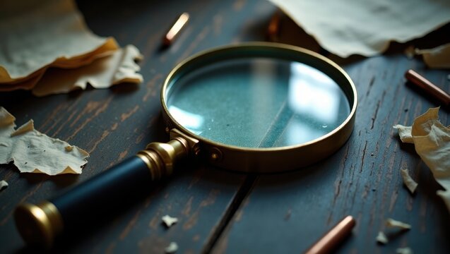 Lupa sobre evidencia dispersa de la escena del crimen sobre una mesa oscura, que simboliza el trabajo detectivesco y la investigaci&oacute;n forense