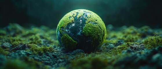 A mossy sphere of the world resting on a bed of moss.
