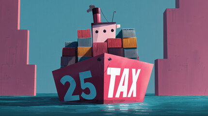 Cargo Ship with Tax Container Representing US Tariff Policy on Imports