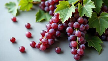Fototapeta premium Uvas moradas regordetas y hojas de parra sobre un fondo gris suave, que evocan un viñedo rústico y texturas naturales