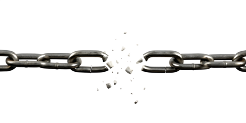 Metal chain breaking apart with debris isolated on a transparent background broken link