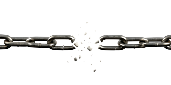 Metal chain breaking apart with debris isolated on a transparent background broken link - Powered by Adobe