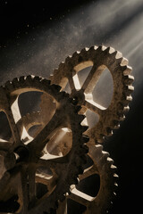 Generative AI Dusty Gears in Light Rays Cogwheel Mechanism Dust Light rays Interlocking Machine Engineering Mechanical Detail Close-up Black background Metal Industrial - Unique Design