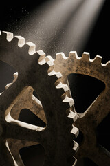 Generative AI Interlocking Gears with Light Rays Cogwheel Mechanism Engineering Technology Machine Industry Close-up Macro Dust Particles Light rays - Modern Look