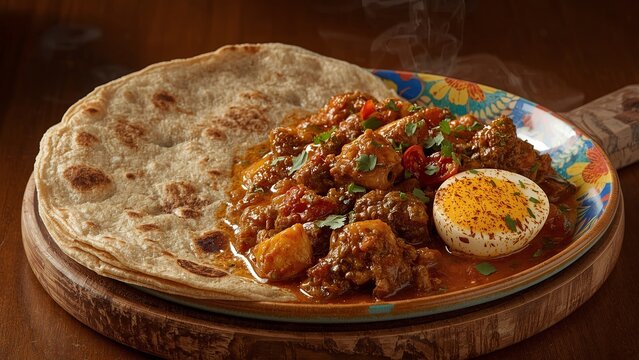 Layered flatbread made from maida or whole wheat flour served with a rich and spicy Asian curry sauce featuring beef, chicken, and egg. A classic dish from Indian cuisine