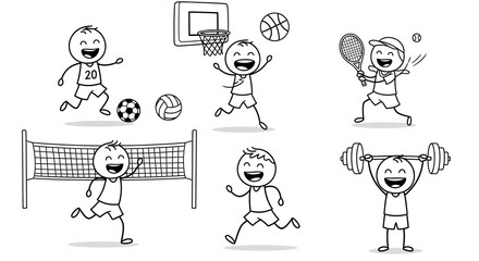 Sports Doodle: Captivating illustration of playful doodle art depicting a child engaging in various sports, showcasing action, happiness and movement