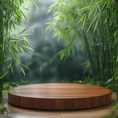 Round woodenfloor  for product display with and background have bamboo leaves after raining 