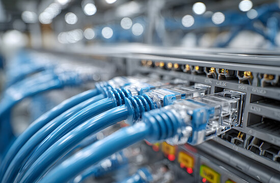 Close-up of organized blue ethernet cables, connectors in data center. Modern network setup with advanced tech for data communication. Technology infrastructure, server room environment.