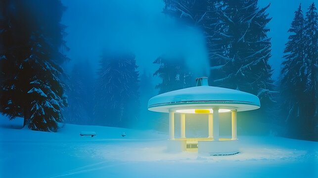 Illuminated winter gazebo landscape with snow-covered trees and foggy atmosphere in a winter