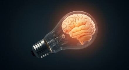 Brain inside a light bulb on a dark background representing new ideas concept