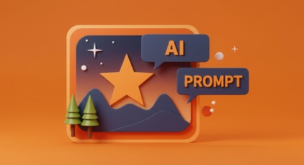Stylized ai prompt illustration with star mountains and pine trees on orange
