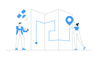 Vector illustration of people using GPS to plan a route on a map for travel, navigation, or delivery. Includes man, woman, phone, location, app, city geolocation, roadmap pin concept. Flat line design