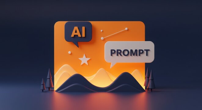 Stylized ai prompt scene with speech bubbles and mountain landscape design