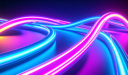 Abstract 3D neon glowing pipes with reflections
