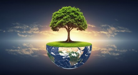 Tree growing on a half earth globe against a cloudy sky with sun in the back