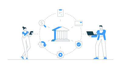 Vector illustration of people using mobile bank apps on smartphones for digital payment, money transfer, and online finance. Concept of banking, technology, wallet, and credit card in modern business.