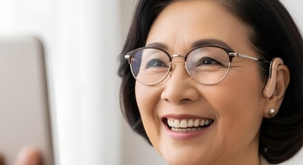 Elderly Asian woman smiling while using tablet inside home  