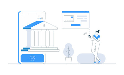 Vector illustration of a woman making online payment via mobile bank app on smartphone, using card, wallet account. Concept of digital money transaction, finance bill, and secure service in business.