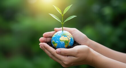 Hands holding earth globe with a growing plant against blurred green background
