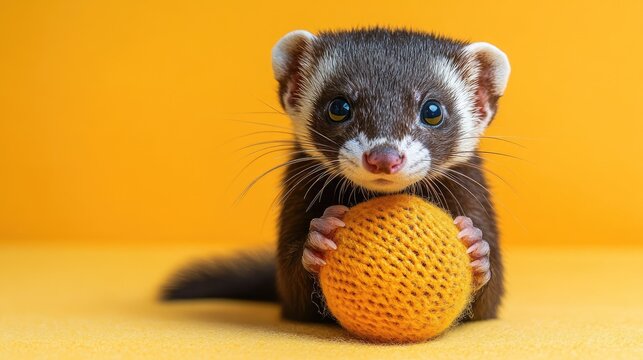 A charming ferret holding a knitted ball against a vibrant background.