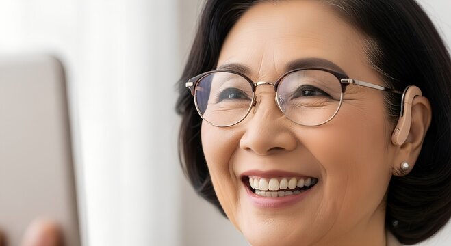 Elderly Asian woman smiling while using tablet inside home - Powered by Adobe