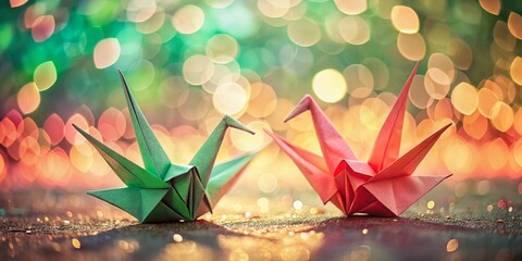 Serene Origami Cranes: Sage Green & Coral Pink Paper Birds, Dreamy Background
