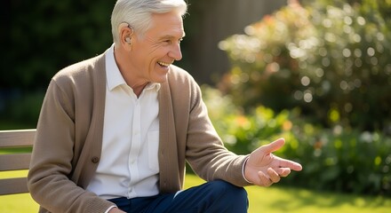 Elderly man smiling while sitting on bench in sunny garden  