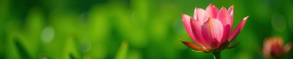 Delicate pink cactus blossom against lush green grass , summer bloom, cactus flower