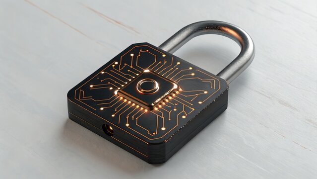 A futuristic padlock with glowing circuits represents cybersecurity and digital data protection technology