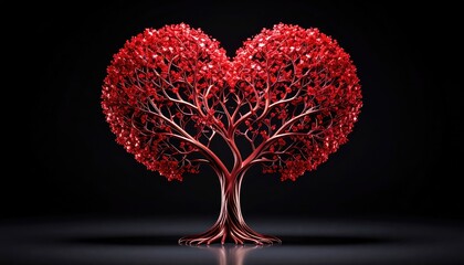 Heart-shaped red tree on black background