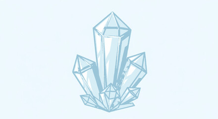 Illustration of a cluster of light blue crystals with geometric shapes and facets, set against a pale background.