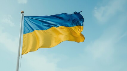 The national flag of Ukraine proudly flutters against the sky, symbolizing freedom, unity, agricultural heritage, and the resilient spirit of the Ukrainian people