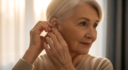 Elderly woman adjusting hearing aid while sitting indoors in sunlight  