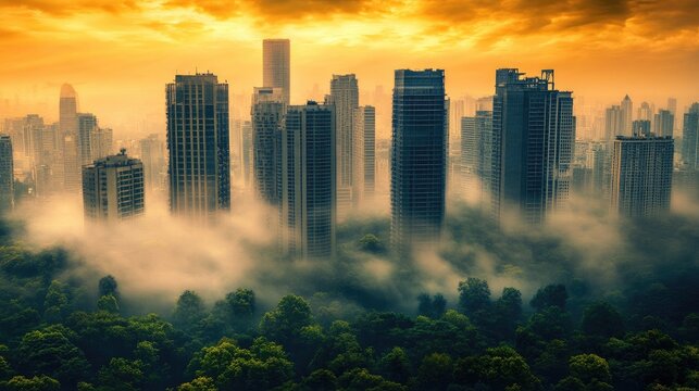 City skyline shrouded in morning mist.